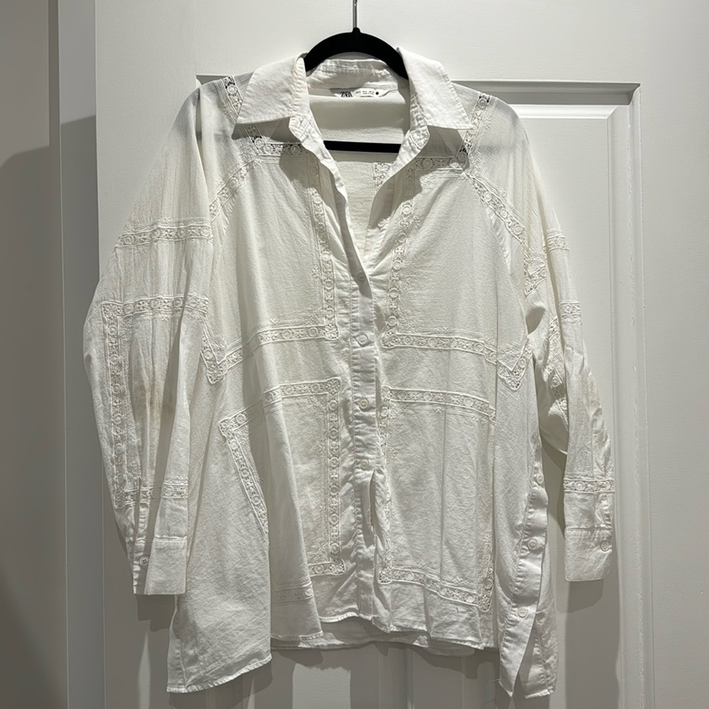Zara Poplin Blouse with lace insert - size S